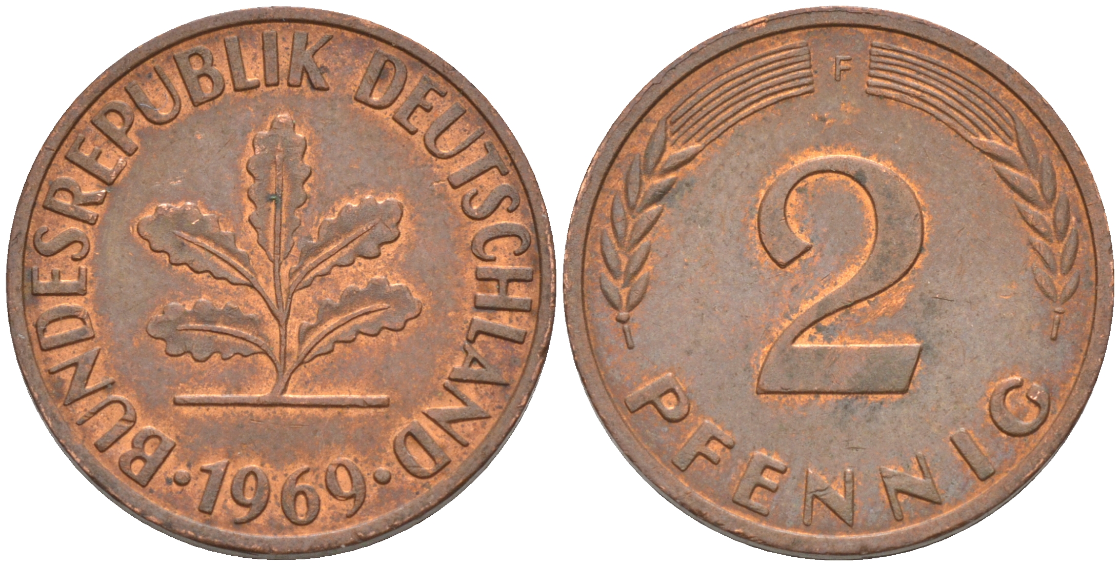 ФРГ 2 пфеннига 1969 F KM 106а, J. 381а сталь плакированная медью 55-1224