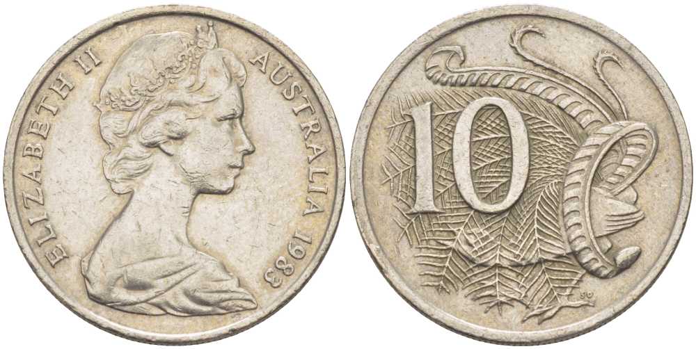 Австралия 10 центов 1983 Елизавета II (1952-2022), птица лирахвост KM 65 медно-никель 4622-332