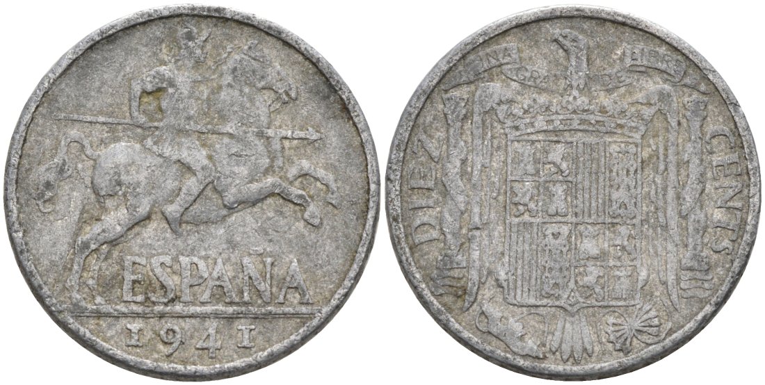 Испания 10 сентимо 1941 ВСАДНИК, Франсиско Франко (1939-1975) KM 766 алюминий 4571-1113