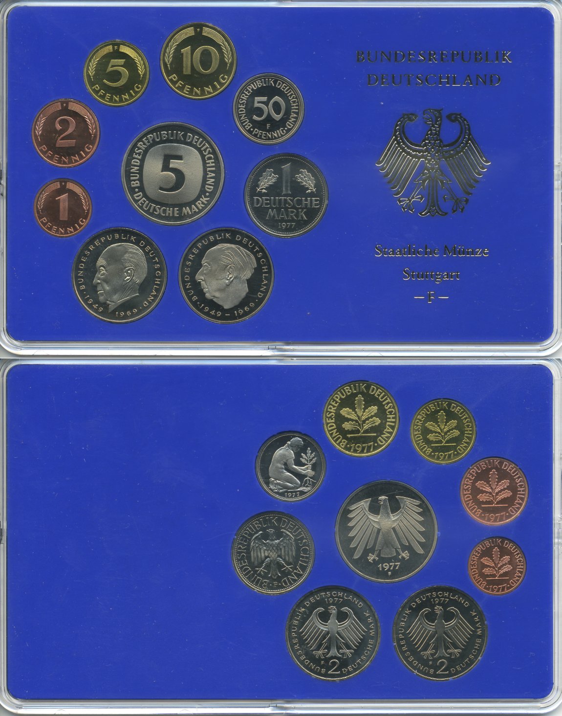 ФРГ набор из 9 монет 1977 F, официальный государственный набор, в пластике    PROOF  3540-1-2