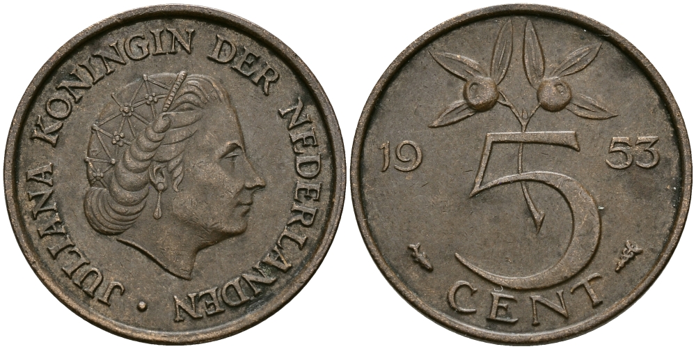 Нидерланды 5 центов 1953 Юлиана (1948-1980) KM 181 бронза 95-254