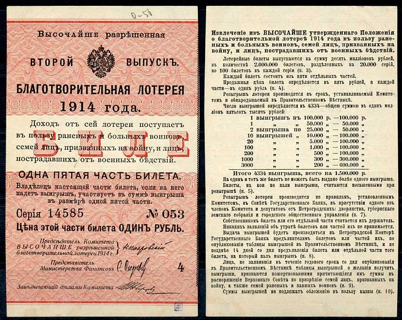Россия 1 рубль 1914 1/5 часть билета. Благотворительная лотерея 1914 года. Второй выпуск. В пользу раненых и больных воинов бумага 437-74-1-2