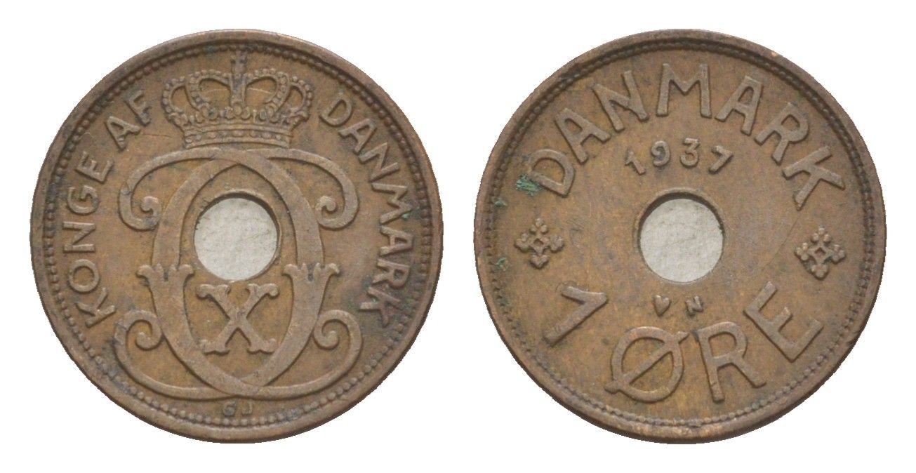 Дания 1 эре 1937 N, Кристиан X (1912-1947) KM 826 бронза 4639-714