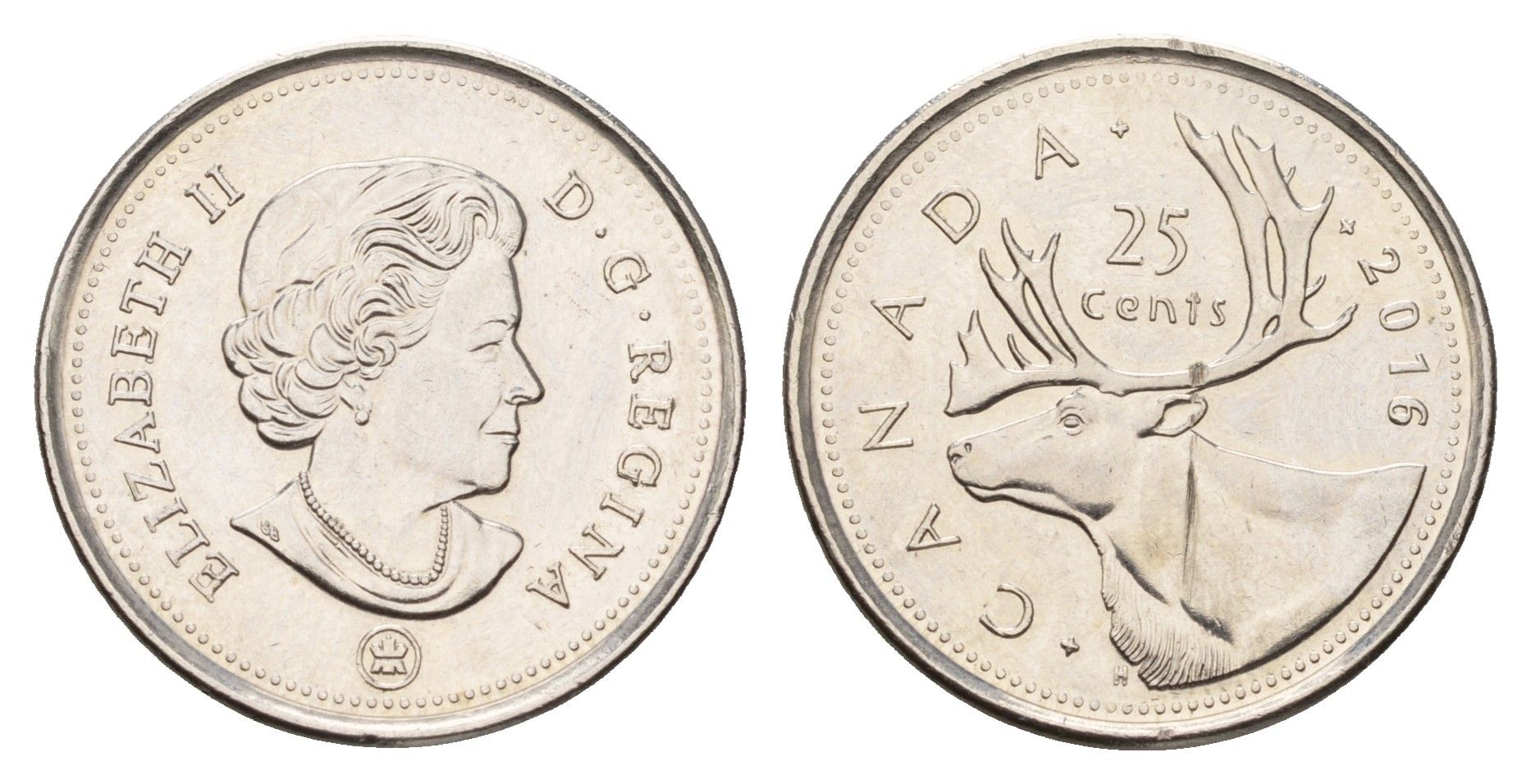 Канада 25 центов 2016 Елизавета II (1952-2022), олень KM 493 сталь плакированная никелем 4678-1217