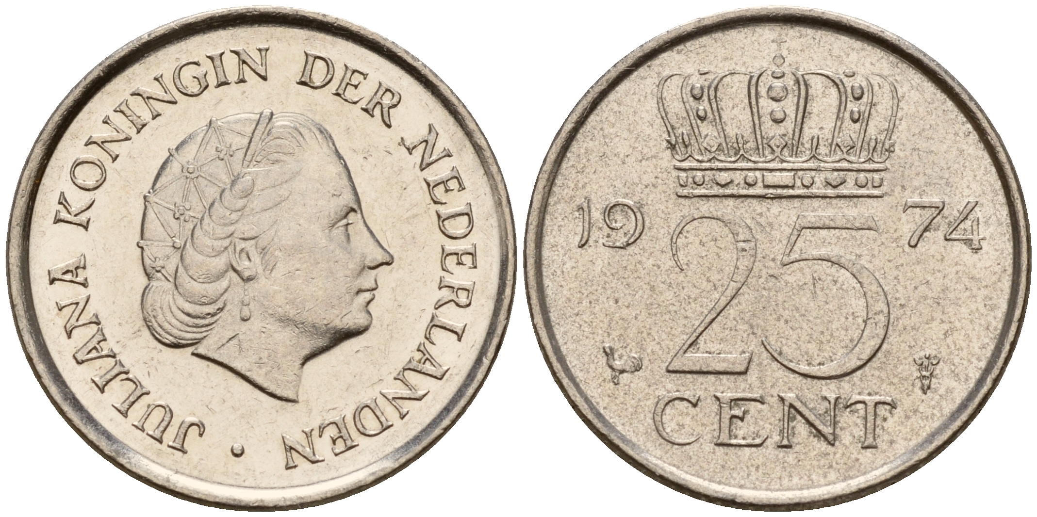 Нидерланды 25 центов 1974 Юлиана (1949-1980) KM 183 никель    4598-512