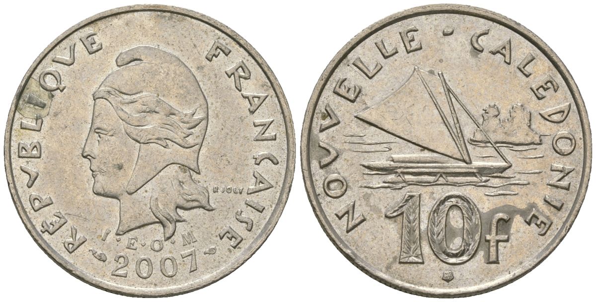 Французская Новая Каледония 10 франков 2007 рыбачья парусная лодка, (IEOM) KM 11a, Schoen 13a, Lec 99k медно-никель 56-656