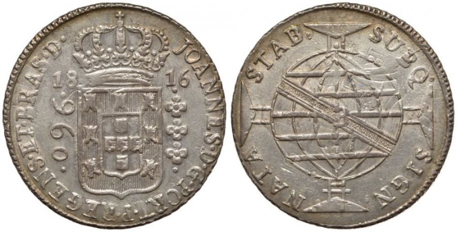 Бразилия 960 рейс 1816 В, монетный двор Бахия (Bahia), перечекан, патина, Жоао принц-регент (1799-1818) KM 307.1 серебро 00-814-66