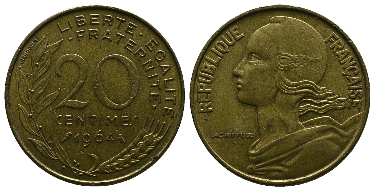 ФРАНЦИЯ 20 САНТИМОВ 1964 ТИП MARIANNE KM 930, LE FRANC 156.4 алюминиевая бронза 4384-752