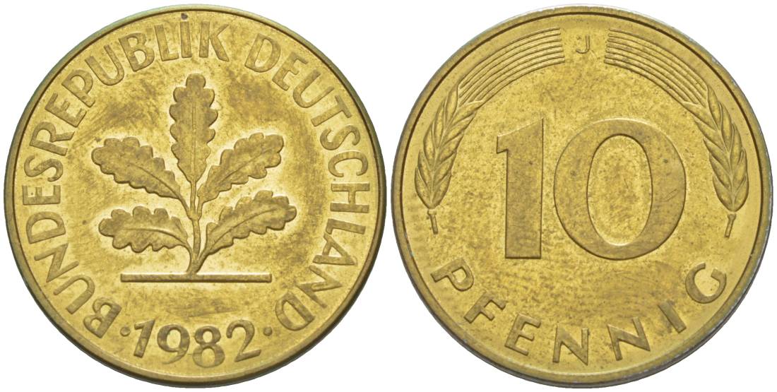 ФРГ 10 ПФЕННИГОВ 1982 J KM 108, J. 383 сталь плакированная латунью 219-543