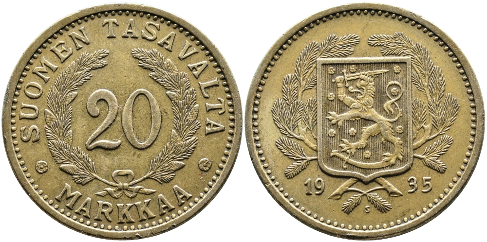 Финляндия 20 марок 1935 S KM 32 алюминиевая бронза 4389-121