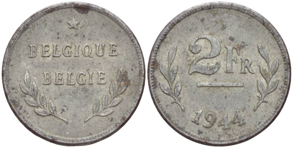 БЕЛЬГИЯ 2 ФРАНКА 1944 ВЫПУСК США KM 133 оцинкованная сталь 4546-241
