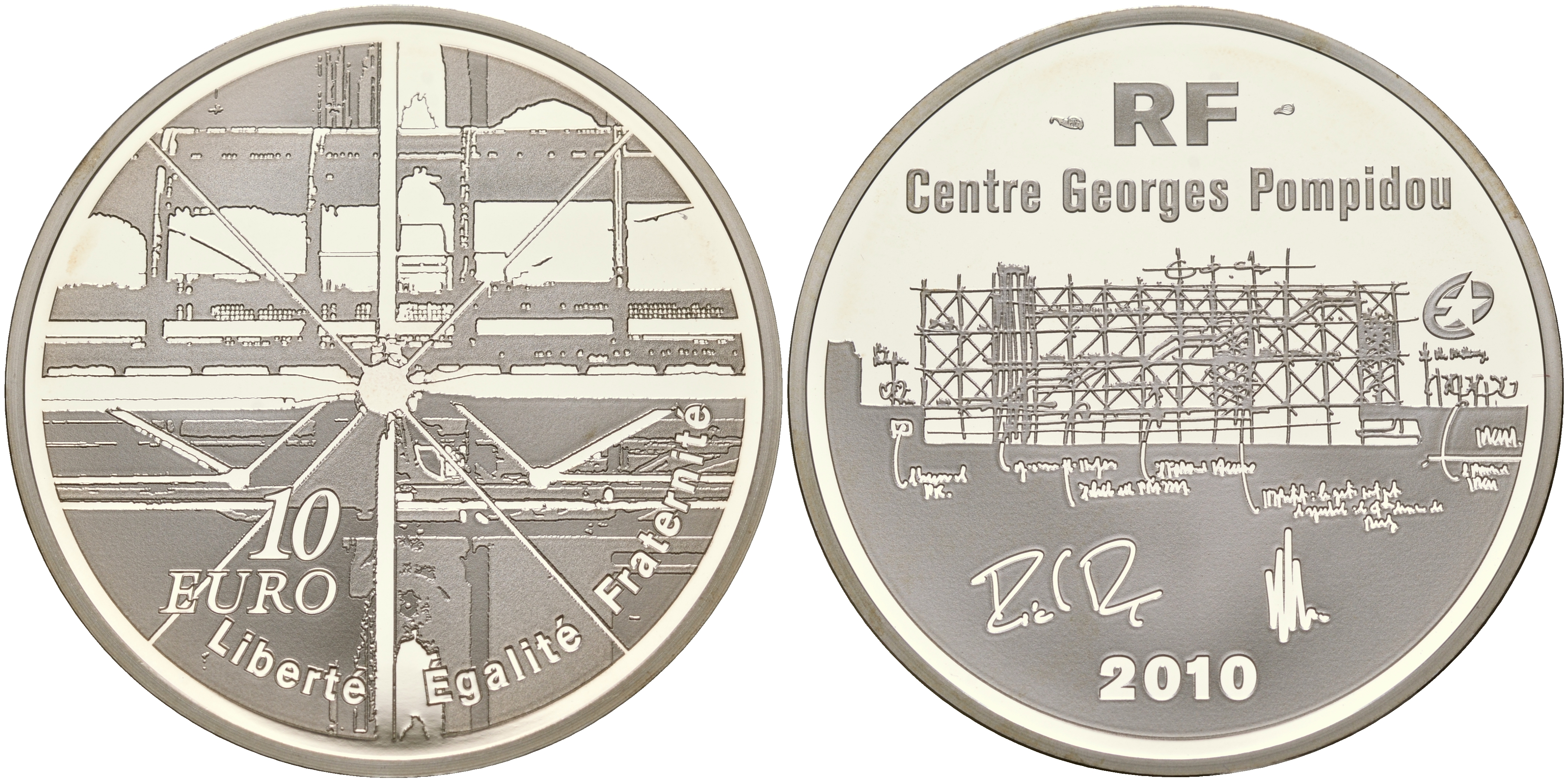 Франция 10 евро 2010 центр  Жоржа Помпиду KM 1686 серебро PROOF 01-165-22