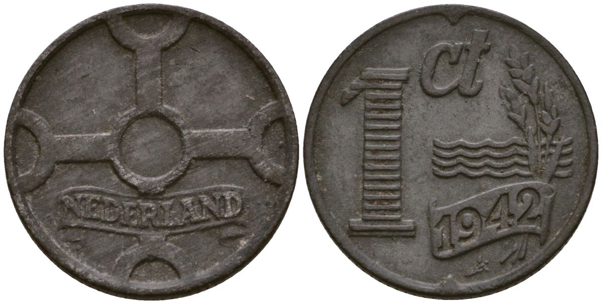 Нидерланды 1 цент 1942 Королева Вильгельмина (1890 - 1948) KM 170 цинк 4169-462