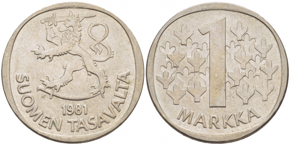 ФИНЛЯНДИЯ 1 МАРКА 1981 K KM 49а медно-никель UNC 3718-941