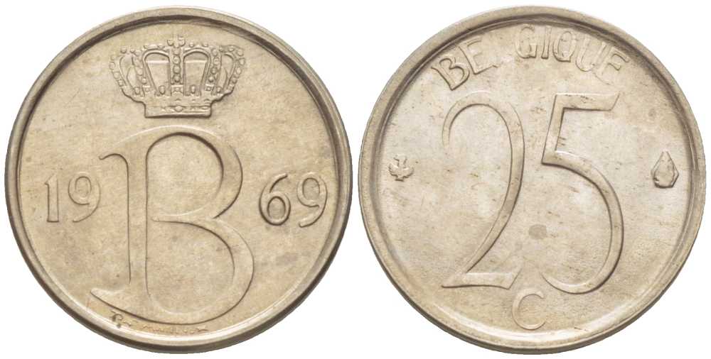 БЕЛЬГИЯ 25 САНТИМОВ 1969 BELGIQUE, БОДУЭН I (1951-1993) KM 153.1 медно-никель 214-432