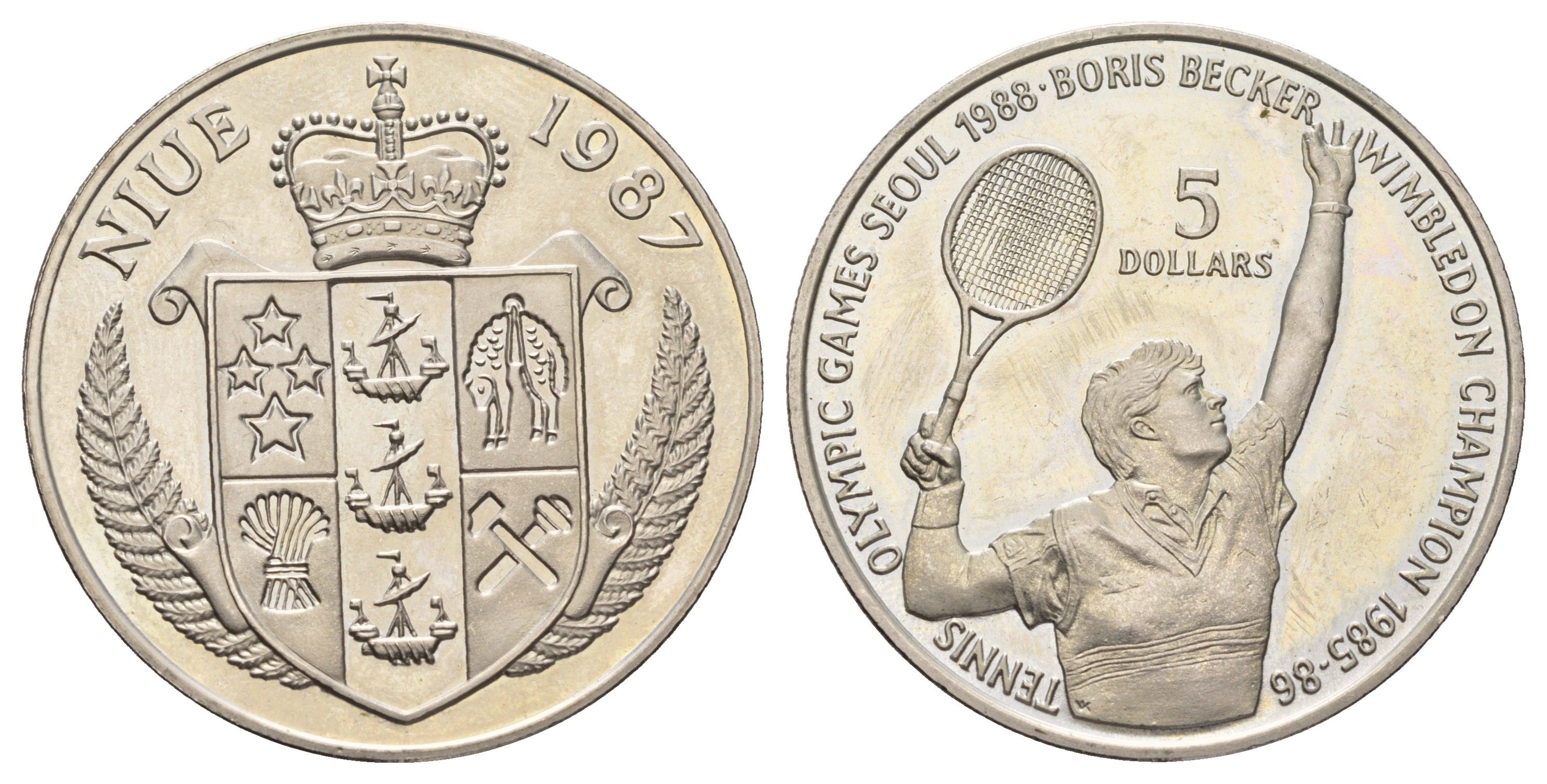 Ниуэ 5 долларов 1987 XXIV летние Олимпийские Игры, Сеул 1988 - Теннис, Борис Беккер, с сертификатом KM 1 медно-никель BU 11-239-23