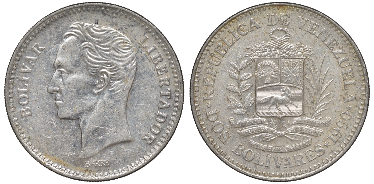 Венесуэла 2 боливара 1990 Y 43a сталь плакированная никелем 4607-216