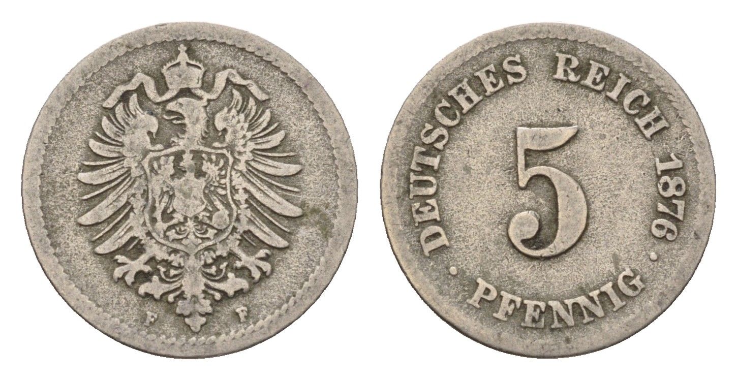 Германия 5 пфеннигов 1876 F, Вильгельм I (1871-1888) KM 3, J. 3 медно-никель 4632-668