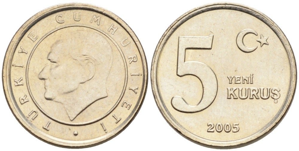 Турция 5 курушей 2005 Кемаль Ататюрк KM 1165 медь никель цинк UNC 192-444