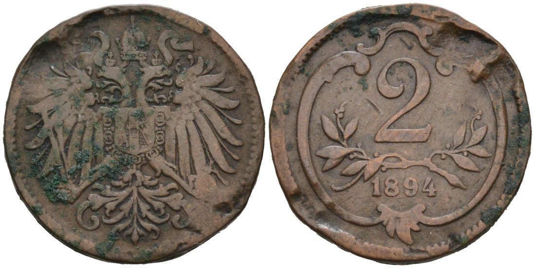 Австрия 2 геллера 1894 Франц Иосиф (1846-1918) KM 2801 бронза 4567-639