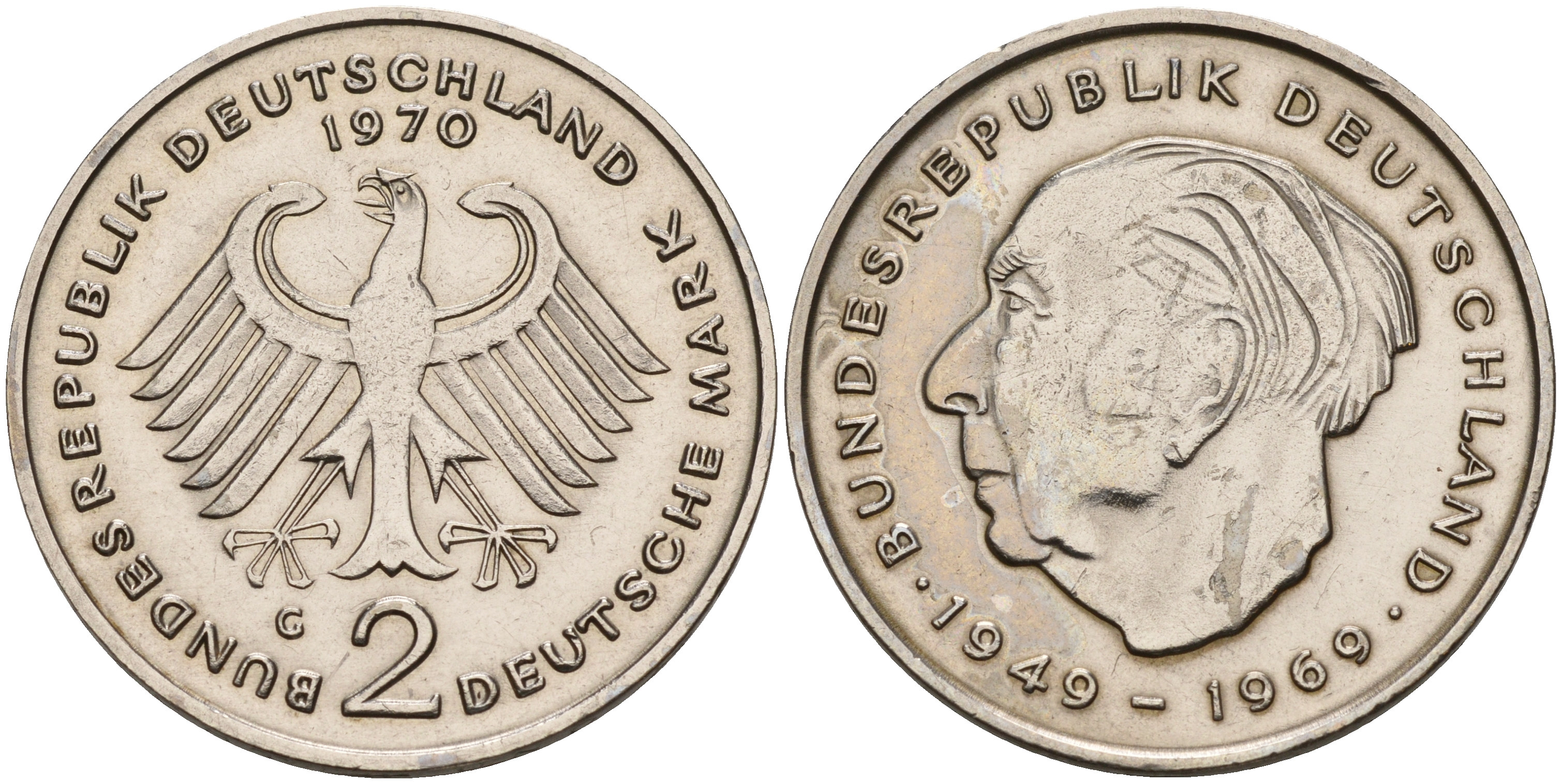 ФРГ 2 марки 1970 G, Теодор Хойс KM 127,  J. 407 медно-никель плакированный никелем 4149-533