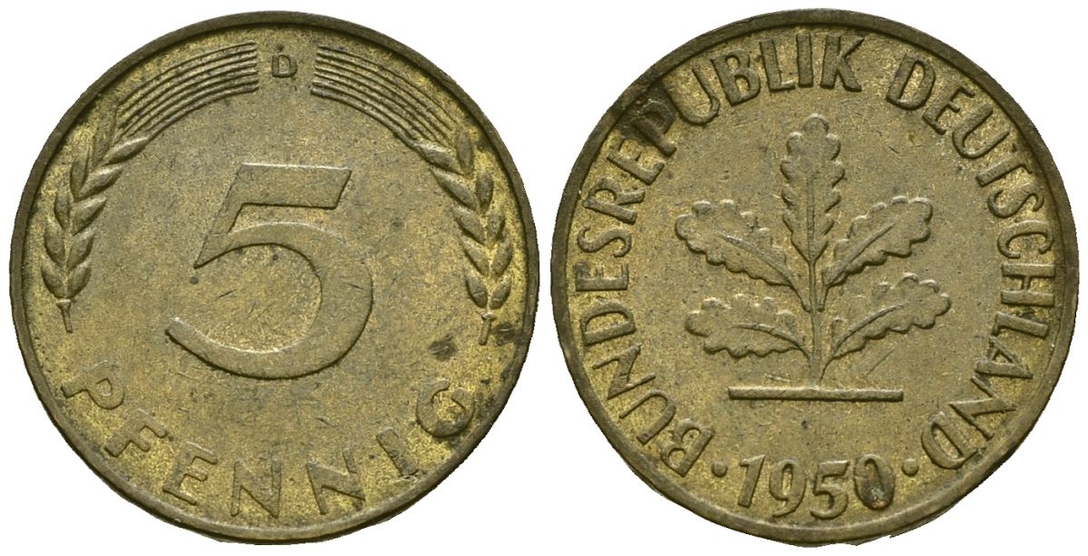 Германия 5 пфеннигов 1950 D KM 107 сталь плакированная латунью 4174-119