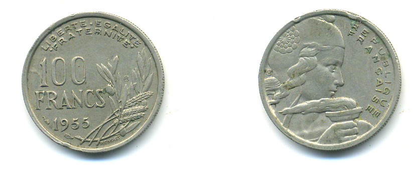 ФРАНЦИЯ 100 ФРАНКОВ 1955 KM 919.1 медно-никель 83-333