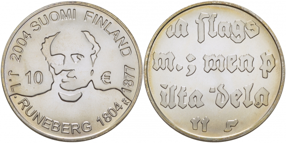 Финляндия 10 евро 2004 200 лет со дня рождения Йохана Людвига Рунеберга, поэт KM 115 серебро  UNC  1077-6-51