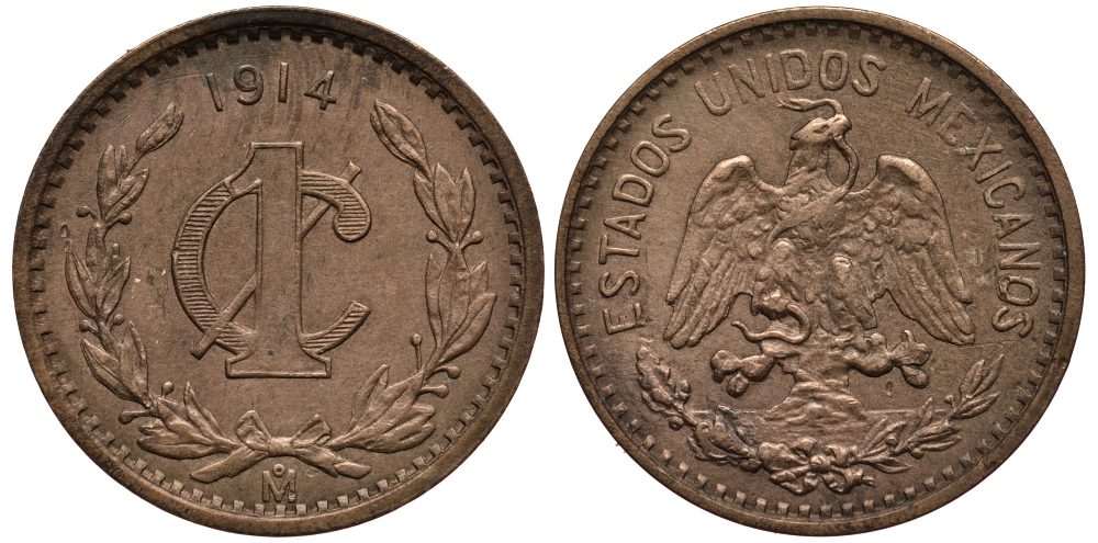 МЕКСИКА 1 СЕНТАВО 1914 ДАТА ШИРОКАЯ KM 415 бронза VF 4401-437