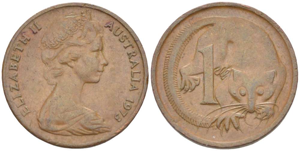 Австралия 1 цент 1973 Елизавета II (1952-2022), молодой портрет, опоссум KM 62 бронза 4516-631