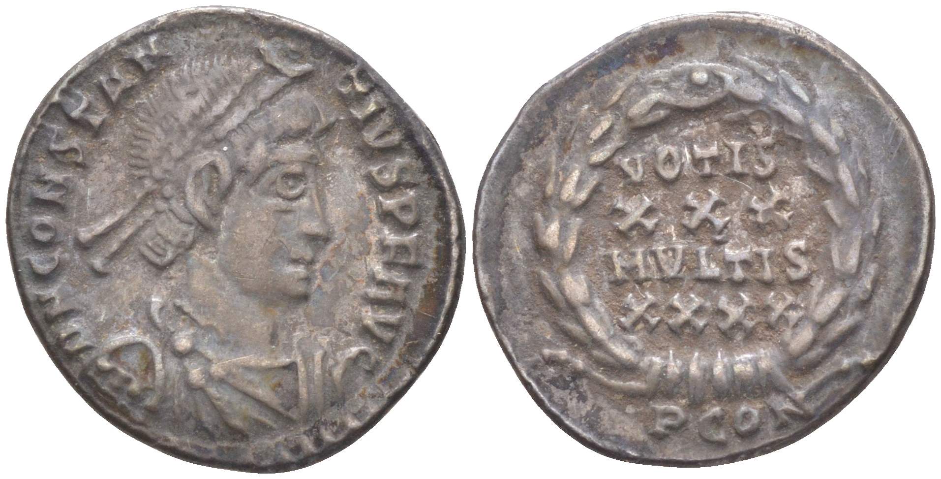 Римская Империя аргентей ('силиква') 353 - 355 Констанций II, бюст императора, D N CONSTANTIVS P F AVG / VOTIS XXX MVLTIS XXXX в венке, Арелат (из немецкой коллекции 1-й половины XX века, с владельческим конвертом) RIC 207 серебро 1073-15-107