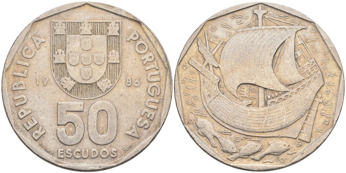 Португалия 50 эскудо 1986 парусник KM 636 медно-никель 4572-1122