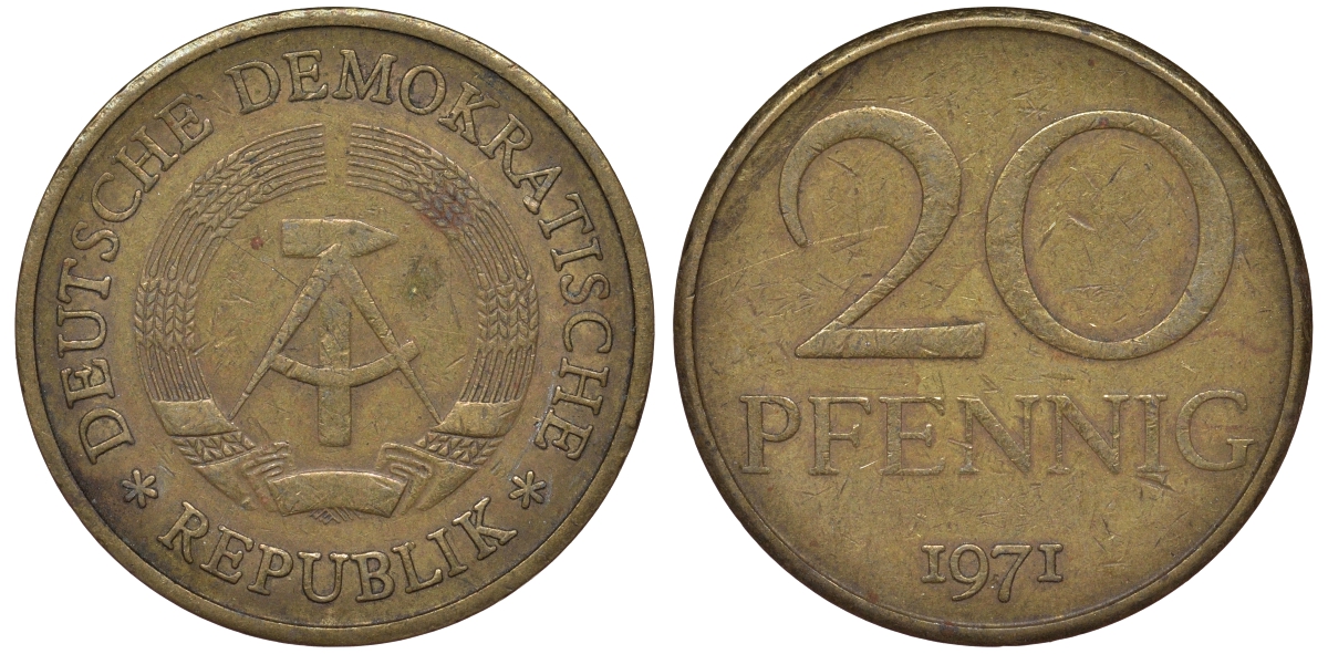 ГДР 20 пфеннигов 1971 А KM 11 латунь 62-1044