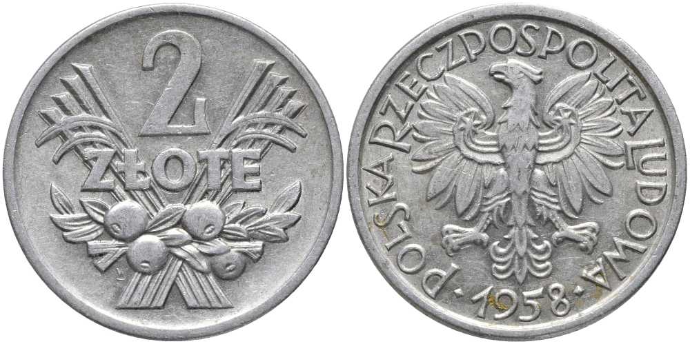 Польша 2 злотых 1958 MW KM 46, Parchimowicz 216a алюминий 4179-1043