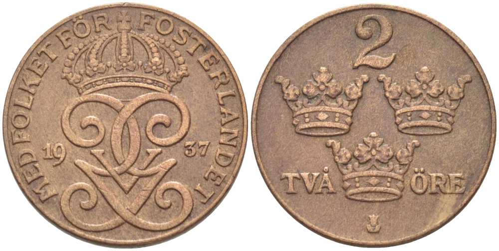 Швеция 2 эре 1937 Густав V (1907-1950) KM 778 бронза 119-1024