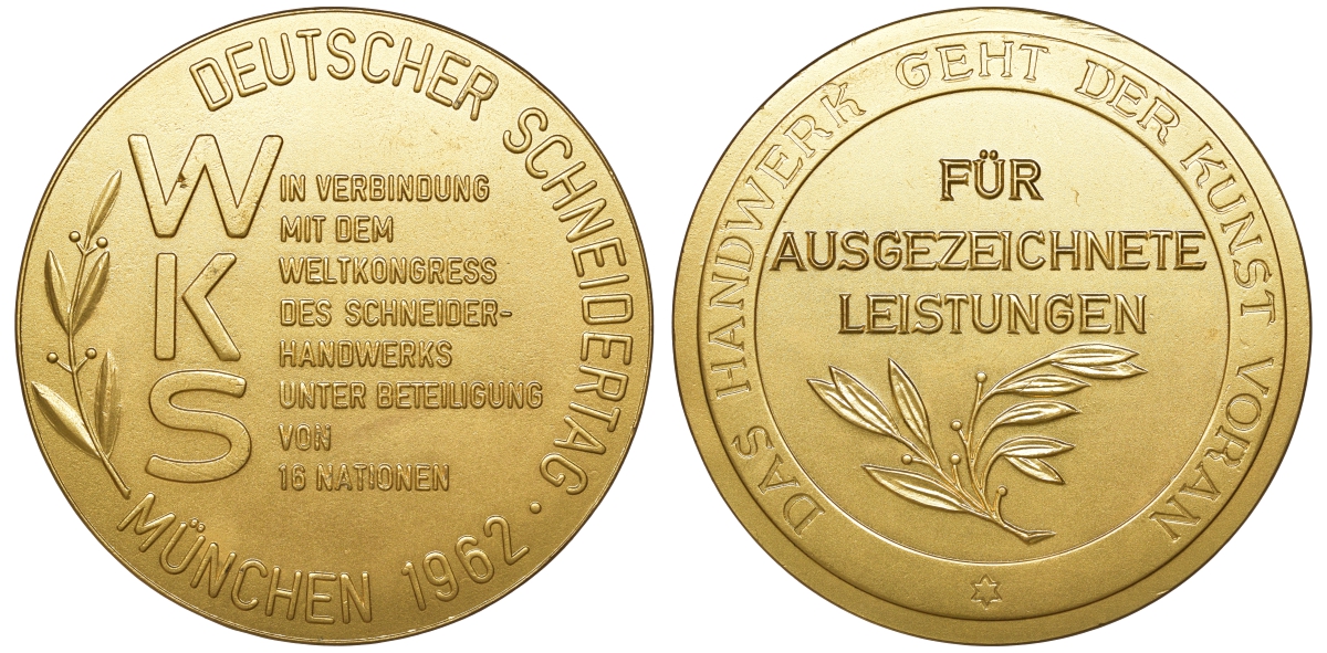 ФРГ медаль 1962 за заслуги, лавровая ветвь, звезда Давида, WKS лига немецких портных, Всемирный конгресс портных из 19 стран в Мюнхене 1962 год, диаметр 70 мм.  желтый металл    4113-813