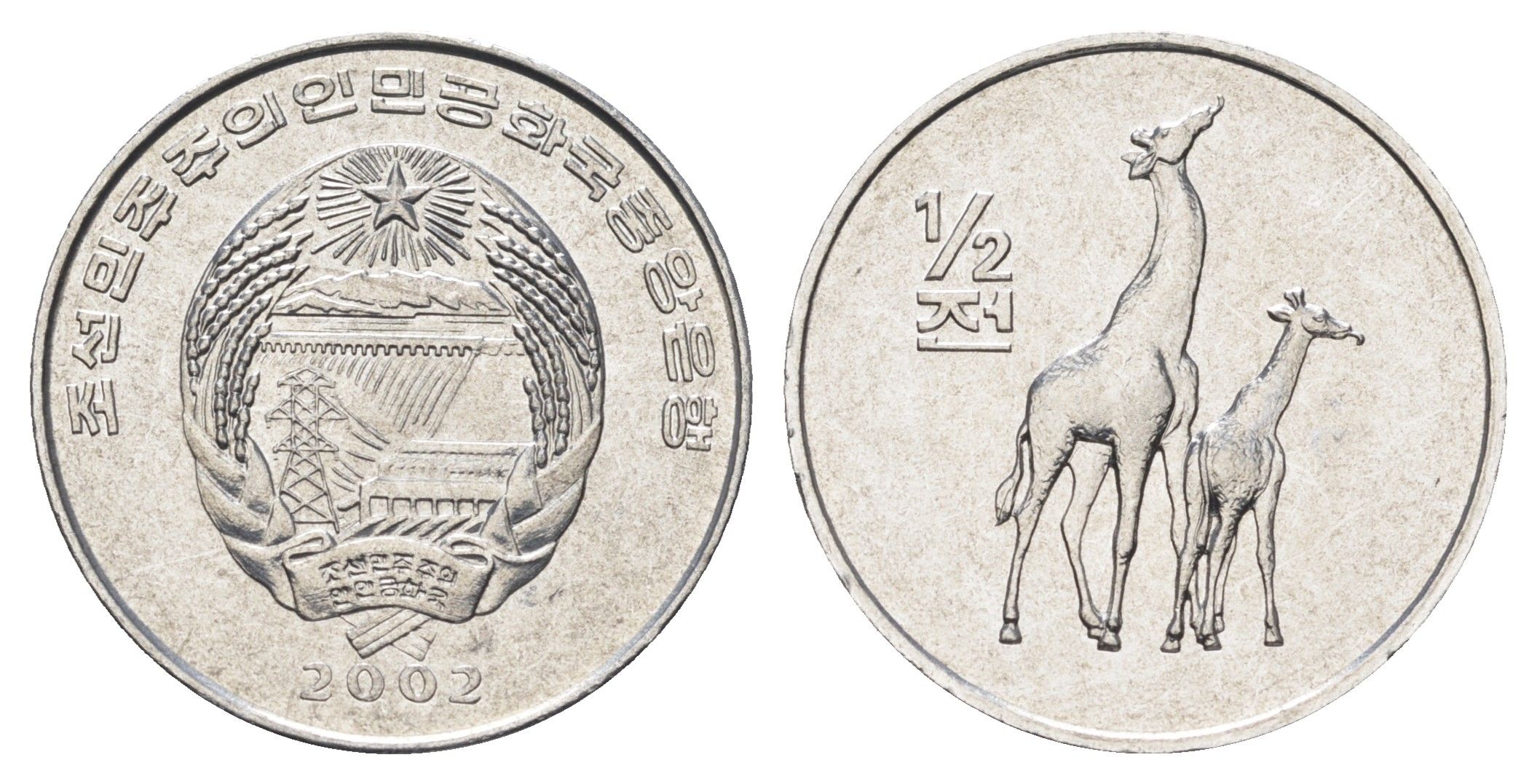 КНДР (Северная Корея) 1/2 чона 2002 Мир животных - Жираф KM 186 алюминий UNC 4662-341