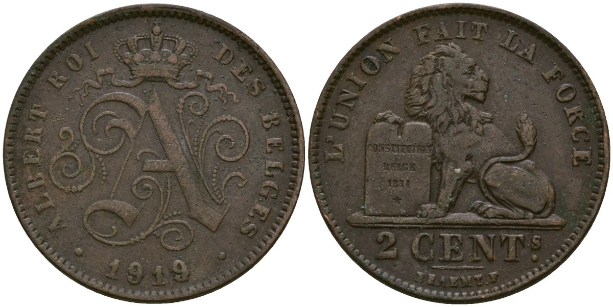 Бельгия 2 сантима 1919 Belges KM 64 медь 4135-956