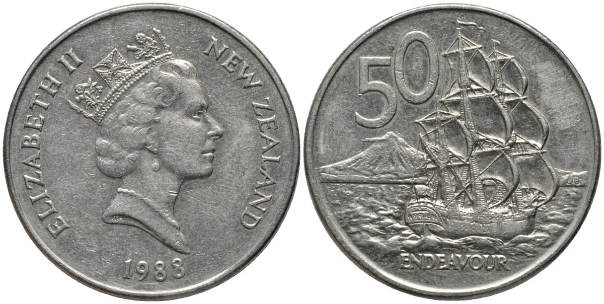Новая Зеландия 50 центов 1988 Елизавета II (1952-2022), парусник Индевор KM 63 медно-никель 4578-121