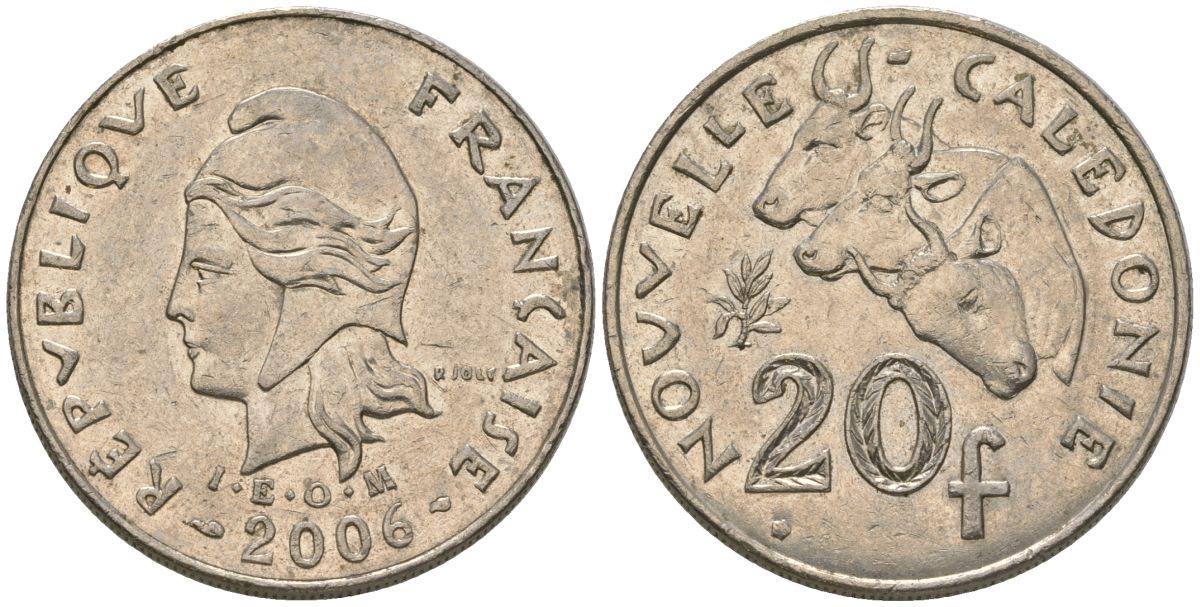 Французская Новая Каледония 20 франков 2006 три быка, (IEOM) KM 12a, Schoen 14a медно-никель 4131-814