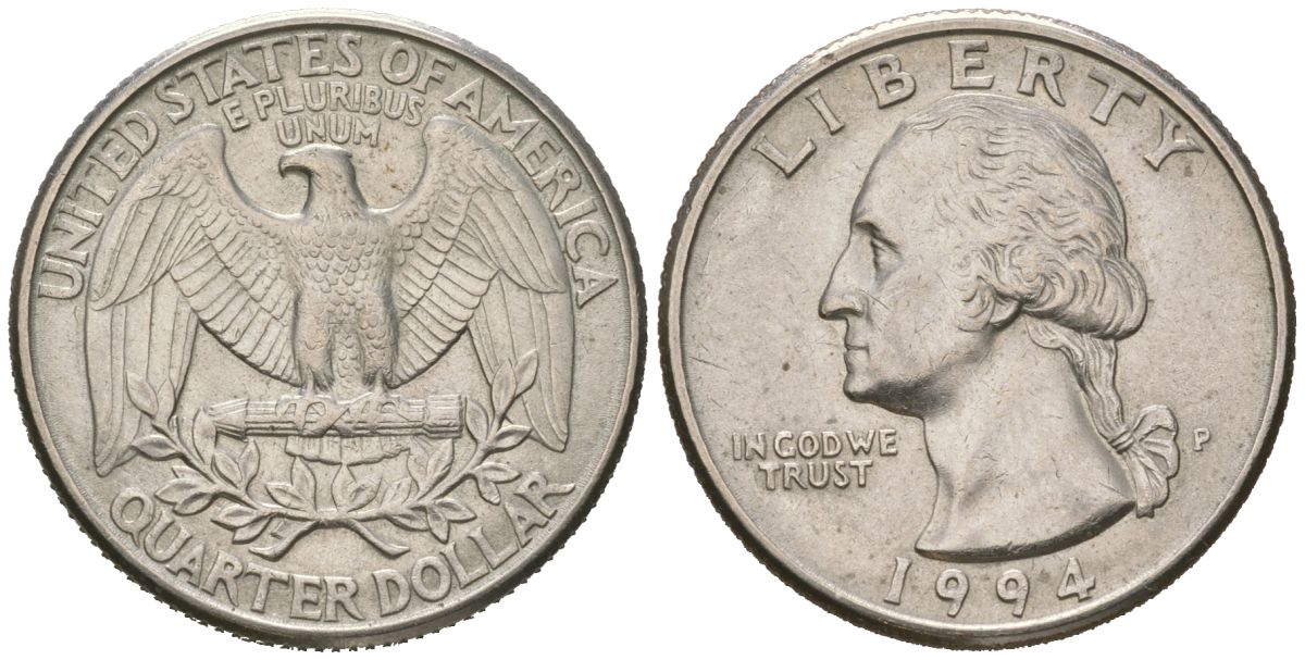 США 25 центов = квотер = 1/4 доллара 1994 P, Джордж Вашингтон KM 164a медь плакированная медно-никелем 216-751