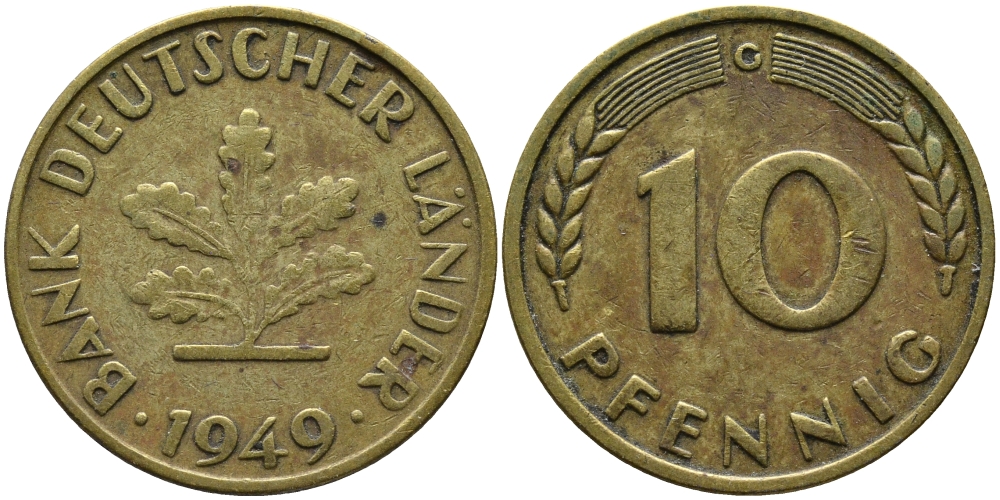ФРГ 10 ПФЕННИГОВ 1949 G KM 103, J.378 сталь плакированная латунью 98-351