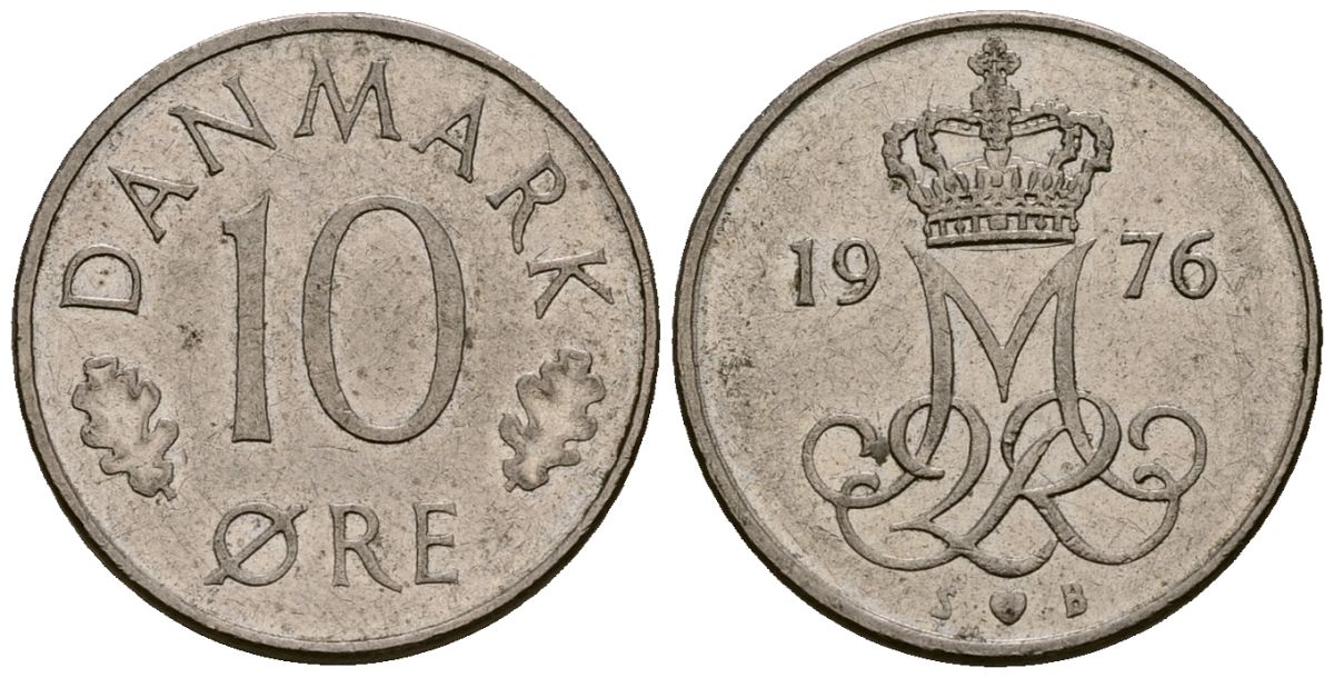 Дания 10 эре 1976 S; B, Маргрете II (1972- ) KM 860.1 медно-никель 4173-748