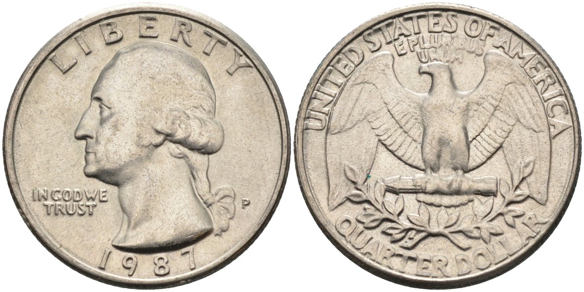 США 25 центов = квотер 1987 P, Вашингтон KM A164a медь плакированная медно-никелем 4584-1235