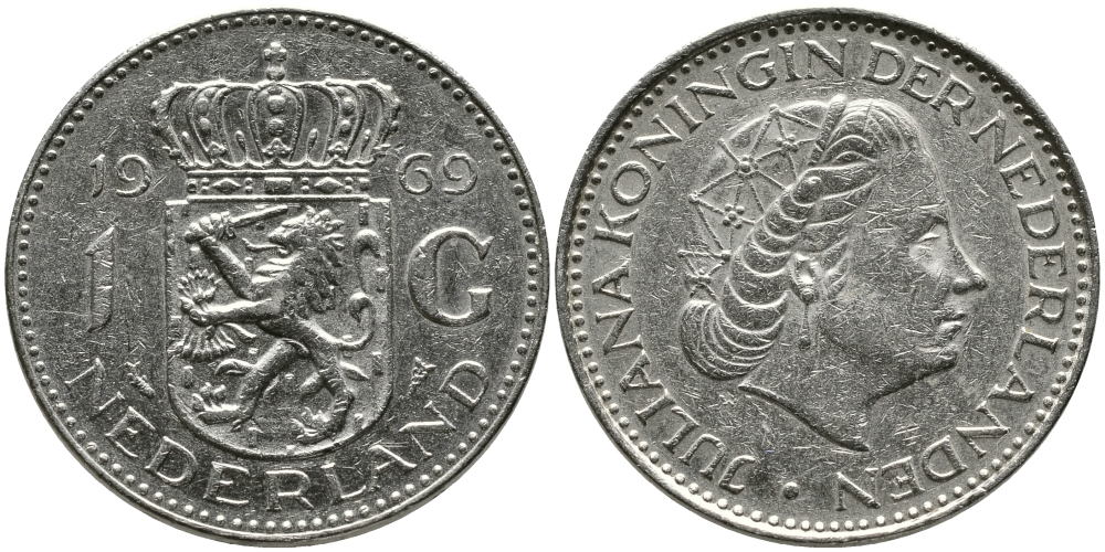 Нидерланды 1 гульден 1969 Юлиана (1948-1980) KM 184a никель 34-155