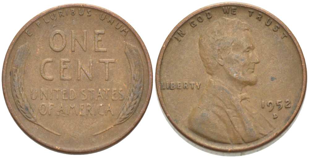 США 1 ЦЕНТ 1952 D, ЛИНКОЛЬН KM А132 медь цинк 218-616