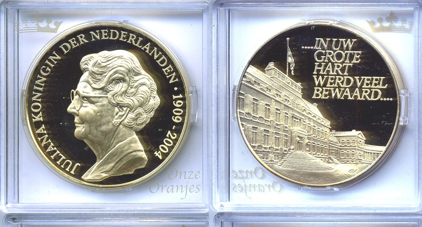 НИДЕРЛАНДЫ МЕДАЛЬ ND КОРОЛЕВА НИДЕРЛАНДОВ ЮЛИАНА (1909-2004) бронза, позолота PROOF 5-3-1-84