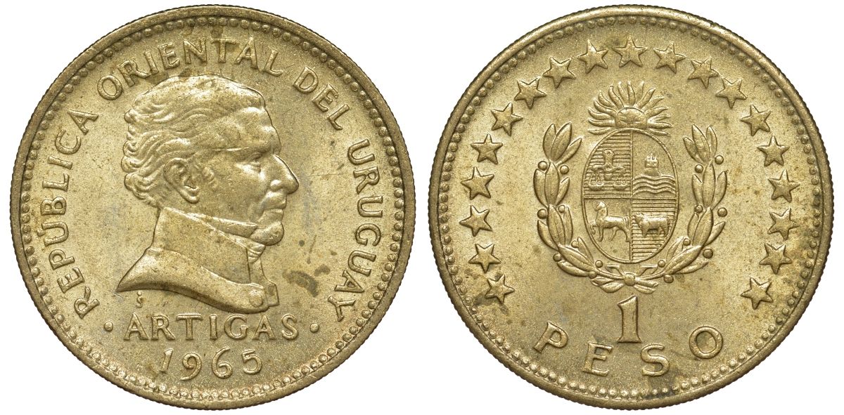 Уругвай 1 песо 1965 KM 46 алюминиевая бронза 34-617