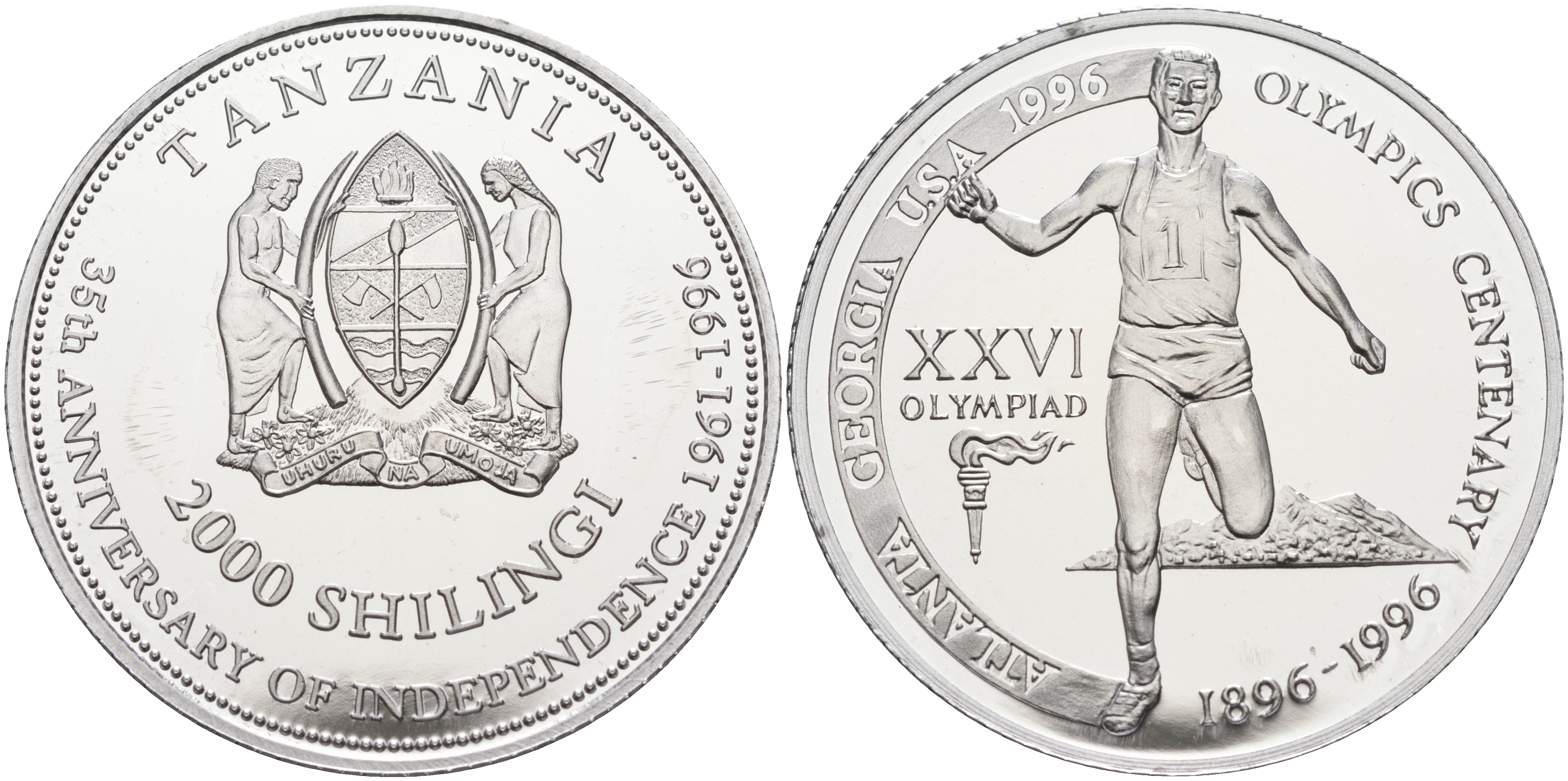 Танзания 2000 шиллингов 1996 XXVI Олимпийские игры 1996 года в Атланте, 100 лет Олимпийскому движению, финиш пробник, рубчатый гурт алюминий PROOF 06-156-34