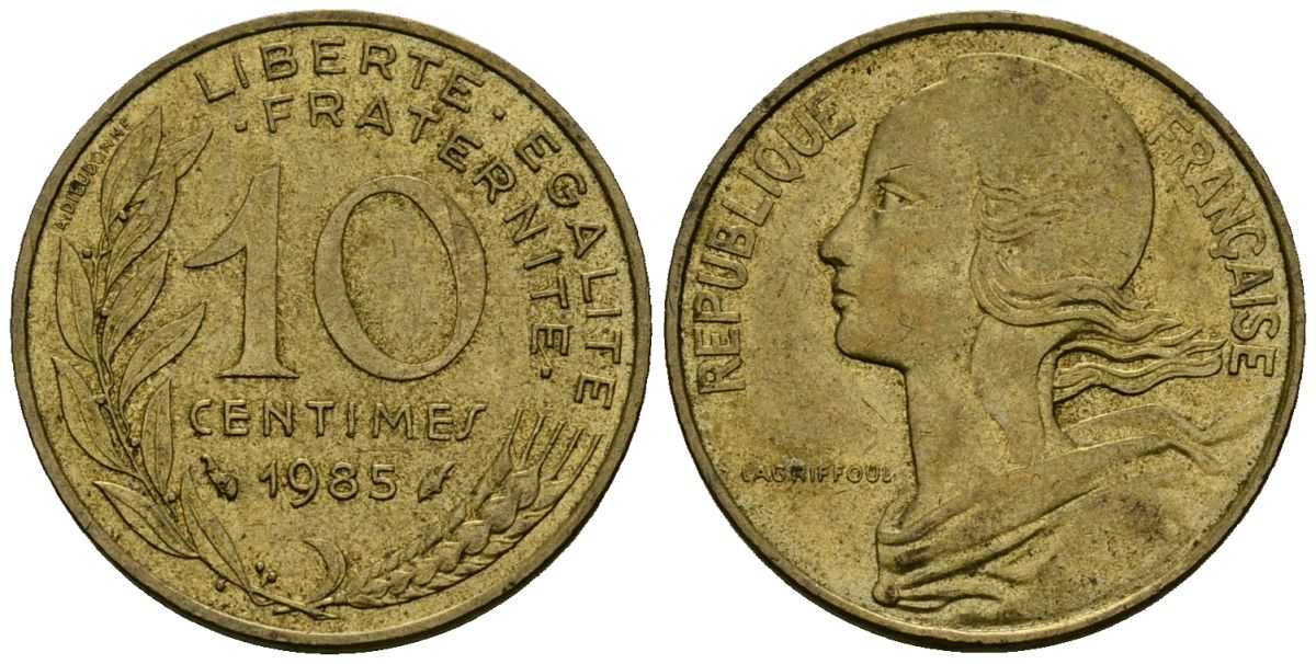 Франция 10 сантимов 1985 тип Марианна KM 929, LE FRANC 144.25 медь алюминий никель 4136-424